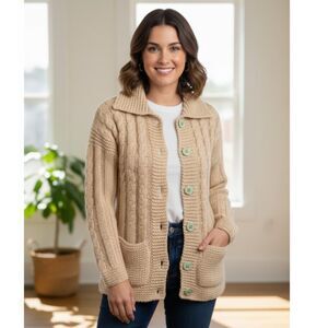 Vintage Hand Cable Knit Fisherman Cardigan Chunky Wool Sweater Size S